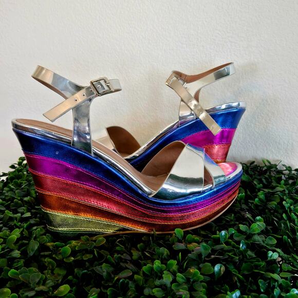 Size 8 – Qupid Metallic Silver & Rainbow Platform Wedge Sandals (NWOB) - Picture 1 of 6